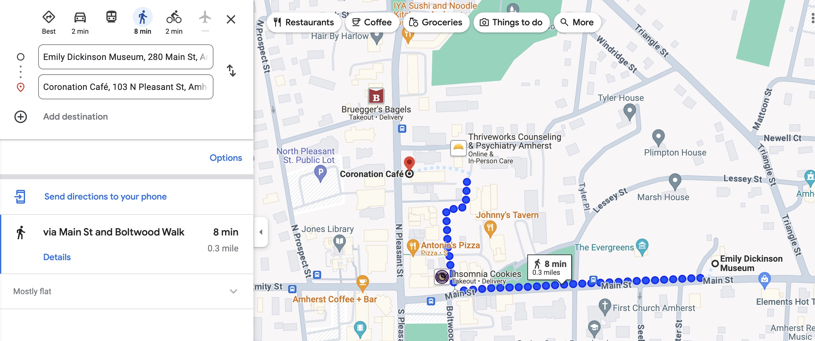 Map showing the 8-minute walk to the Coronation Café that's in proximity to Emily Dickenson's house